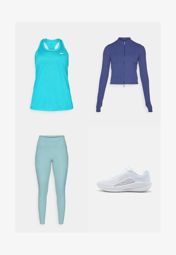 Fitted long-sleeve zip-up jacket in deep blue. Made from stretchy material, featuring a high collar and a smooth texture. Simple design.; Turquoise athletic tank top with a round neck, racerback design, and white Nike logo on the upper left. Smooth, lightweight fabric.; Light blue leggings made of stretchable material, featuring a high waistband, seamless design, and minimal white accents on the sides.; White athletic shoe with mesh upper, rounded toe, and textured sole. Features a silver Nike swoosh and minimalistic design.