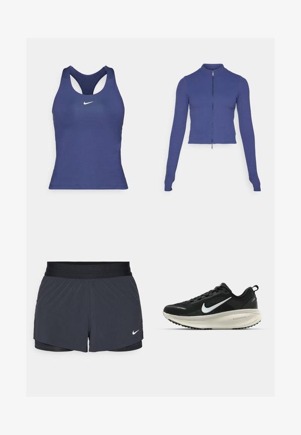 Fittet langermet zip-up jakke i dyp blå. Laget av elastisk materiale, med høy krage og en glatt tekstur. Enkel design.; Navy blå treningssinglet med racerback-design, laget av glatt stoff, med en liten hvit Nike-logo på brystet.; Sorte treningshorts med elastisk midjebånd, med lagdelt design og liten hvit Nike-logo på nederste venstre side. Lett materiale.; Svart Nike løpesko med pustende mesh-overdel, hvit swoosh-logo, teksturert detaljer og en kremfarget ZoomX mellomsåle.