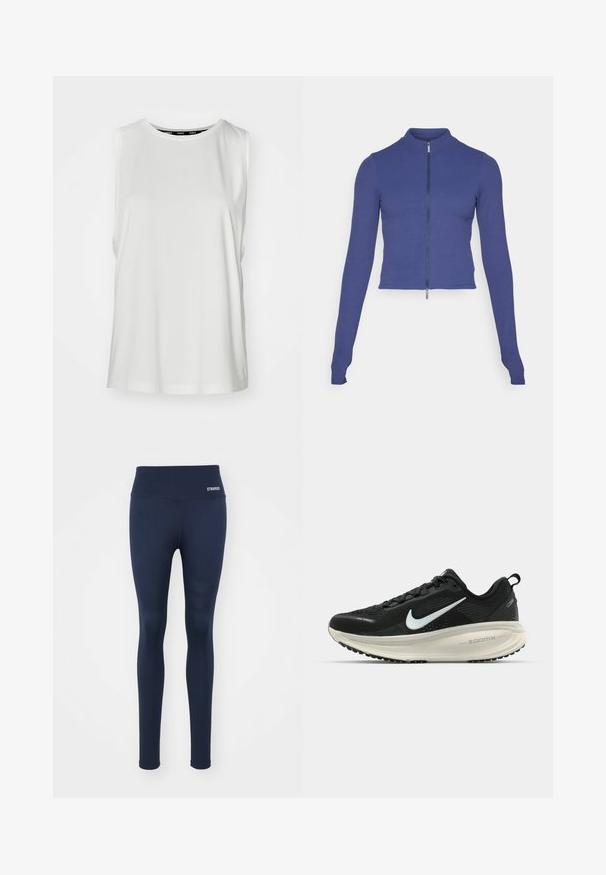 Priliepajúca dlhá rukávová bundu na zips v tmavomodrej farbe. Vyrobená z elastického materiálu, má vysoký golier a hladkú textúru. Jednoduchý dizajn.; Biely bezrukávový vrch z hladkej tkaniny, s okrúhlym výstrihom, vo voľnom strihu a čistým lemovaním. Žiadne viditeľné vzory ani ozdoby.; Námornícke legíny z elastického materiálu, s širokým pásom a kontrastným logom "STRONGER" na páse, s textúrovanými akcentmi po stranách.; Čierne bežecké topánky Nike s priedušnou sieťovinou, bielym logom s symbolom swoosh, textúrovanými detailmi a krémovou ZoomX medzipodrážkou.