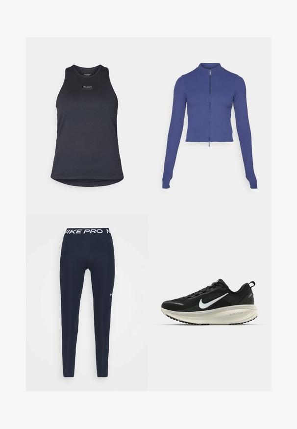 Fitted long-sleeve zip-up jacket in deep blue. Made from stretchy material, featuring a high collar and a smooth texture. Simple design.; Dark gray athletic tank top made of textured fabric; features a crew neck and the brand "SALOMON" printed in white on the front.; Navy blue Nike Pro leggings with a wide white waistband featuring "NIKE PRO" logo and small white Swoosh detail on the left thigh. Smooth texture.; Black Nike running shoe with breathable mesh upper, white swoosh logo, textured detailing, and a cream-colored ZoomX midsole.