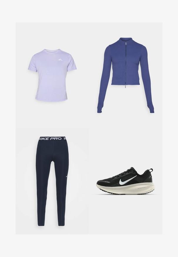 Giacca zip-up aderente a maniche lunghe di un blu profondo. Realizzata in materiale elasticizzato, presenta un colletto alto e una texture liscia. Design semplice.; T-shirt a maniche corte di colore viola chiaro, realizzato in tessuto morbido, con un accento del logo bianco sul lato sinistro del petto. Texture liscia, scollo rotondo.; Leggings Nike Pro di colore blu navy con una ampia fascia bianca in vita che presenta il logo "NIKE PRO" e un piccolo dettaglio del Swoosh bianco sulla coscia sinistra. Texture liscia.; Scarpa da corsa nera Nike con tomaia in rete traspirante, logo Swoosh bianco, dettagli testurizzati e intersuola ZoomX di colore crema.
