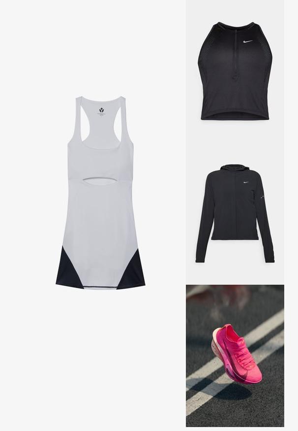 Čierna kapucňová bunda s dlhou rukávou, vyrobená z ľahkého materiálu. Má predný zips, logo Nike a jemné dizajnové akcenty.; Biela atletická šaty s výrezom, dizajnom na ramienka a čiernymi sieťovanými akcentmi na leme. Vyrobené z elastického, ľahkého materiálu.; Čierny športový crop top so zipsom vpredu, sieťovými prvkami a priliehavým strihom. Vyrobený z pružného, priedušného materiálu. Logo Nike na prednej strane.; Športová obuv v jasne ružovej farbe, vyrobená z pleteného materiálu s textúrovaným povrchom, sieťovinovým zvrškom a bielou medzipodrážkou. Obsahuje logotyp "swoosh" v tmavo ružovej.
