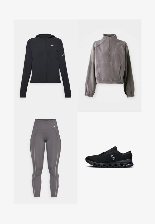 Juodas gobtuvas striukė su ilgomis rankovėmis, pagaminta iš lengvo audinio. Pasižymi priekiniais užtrauktukais, Nike logotipu ir subtiliais dizaino akcentais.; Pilkas vilnos megztinis su ketvirtiniu užtrauktuku, turintis elastingas rankoves ir apatinę dalį, priekinį kišenę ir mažą baltą logotipą kairiajame krūtinės šone.; Pilkos aukštos juosmens leggingės, pagamintos iš tamprios medžiagos, su kontrastingomis šoninėmis juostelėmis ir prigludusia forma, užtikrinančia patogumą ir lankstumą.; Juodi sportiniai batai su kvėpuojančia tinklelio viršutine dalimi, aptakiu dizainu ir paminkštintu padu, turinčiu unikalią, segmentuotą pado raštą.