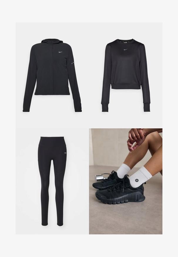 Svart hettegenser med lange ermer, laget av lett materiale. Har glidelås foran, Nike-logo og subtile design detaljer.; Svart cropped sweatshirt laget av glatt stoff, med rund hals, lange ermer og en liten blå Nike-logo på brystet.; Svart leggings laget av elastisk stoff, høy midje, jevn tekstur, med sømdetaljer og en liten logo.; Svarte idrettssko med teksturert stoff, snøring og en fremtredende såle, sammen med hvite ribbestrikkede sokker med en liten logo.