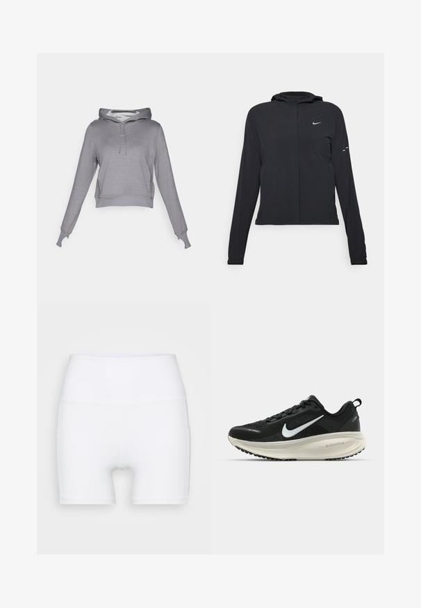 Černá kapucňová bunda s dlouhými rukávy, vyrobená z lehkého materiálu. Obsahuje přední zip, logo Nike a decentní designové akcenty.; Šedá zkrácená mikina s kapucí na stažení, dlouhými rukávy, žebrovanými manžetami a měkkým vnitřkem. Na hrudi je diskrétní logo.; Bílé šortky s vysokým pasem vyrobené z elastického materiálu. Mají hladký povrch a přiléhavý střih, bez dalších vzorů či kovových prvků.; Černá běžecká obuv Nike s prodyšným síťovaným svrškem, bílým logem swoosh, texturovanými detaily a krémovou mezipodešví ZoomX.
