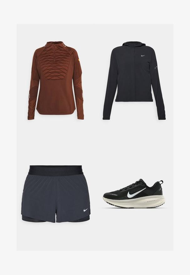 Veste à capuche noire avec des manches longues, fabriquée en matériau léger. Elle comporte une fermeture éclair à l'avant, un logo Nike et des accents de design subtils.; Nike Performance WINTERIZED - Sweatshirt - bronze eclipse/redstone/total orange; Shorts de sport noirs avec une taille élastique, dotés d'un design superposé et d'un petit logo Nike blanc en bas à gauche. Matière légère.; Baskets de course noir Nike avec tige respirante en mesh, logo swoosh blanc, détails texturés et semelle intermédiaire ZoomX de couleur crème.