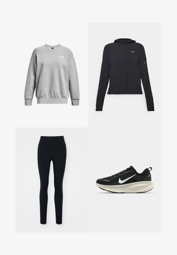 Zwarte kaptrui met lange mouwen, gemaakt van lichtgewicht materiaal. Voorzien van een ritssluiting aan de voorkant, een Nike-logo en subtiele ontwerpelementen.; Grijze sweatshirt gemaakt van zacht materiaal, met een ronde hals, verlaagde schouders, geribde manchetten en een klein wit logo op de linkerborst.; Zwarte leggings van rekbaar materiaal met een hoge tailleband. Soepele textuur, slim fit ontwerp en geen zichtbare versieringen of patronen.; Zwarte Nike hardloopschoen met ademend mesh bovenwerk, witte swoosh-logo, gestructureerde details en een crèmekleurige ZoomX middenzool.