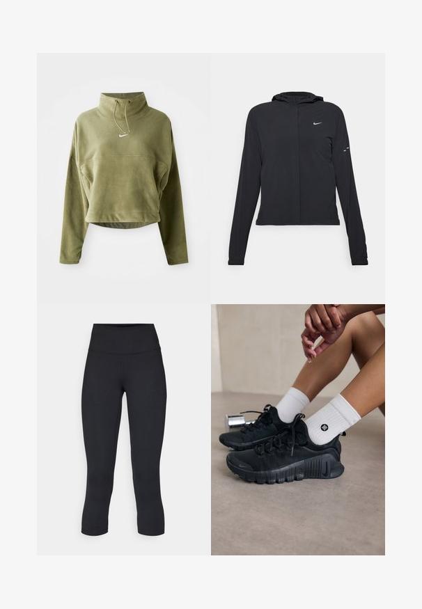 Juodas gobtuvas striukė su ilgomis rankovėmis, pagaminta iš lengvo audinio. Pasižymi priekiniais užtrauktukais, Nike logotipu ir subtiliais dizaino akcentais.; Olivinės spalvos trumpas vilnonis puloveris su aukštu kaklu, virvele ir priekyje esančiu logotipu. Turi ilgas rankoves ir tekstūruotą paviršių.; Juodos apkarpytos legginsai, pagaminti iš tamprios medžiagos, su aukšta juosmens linija ir glotnia tekstūra, be matomų raštų ar detalių.; Juodi sportiniai bateliai su tekstūruota medžiaga, raištelių dizainu ir ryškiu padu, derinami su baltais raukšlėtais kojiniais, turinčiais mažą logotipą.