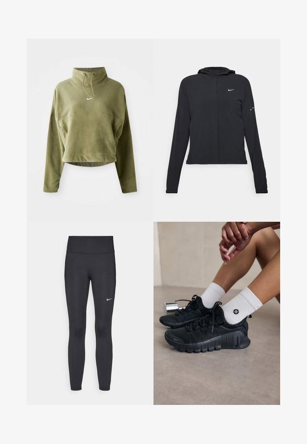 Sort hættetrøje med lange ærmer, lavet af letvægtsmateriale. Har en frontlynlås, et Nike-logo og subtile designaccenter.; Olivengrøn cropped fleece-pullover med høj hals, snøre og logo foran. Har langeærmer og en tekstureret finish.; Sorte leggings lavet af strækbart stof, med en høj talje og et hvidt Nike-logo på venstre lår. Glat tekstur, tætsiddende design.; Sorte træningssko med struktureret stof, snørebåndsdesign og en markant sål, parret med hvide ribbede sokker med et lille logo.