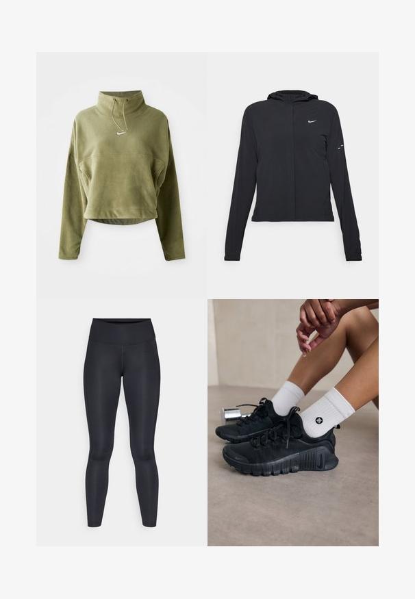 Giacca nera con cappuccio e maniche lunghe, realizzata in materiale leggero. Presenta una zip frontale, il logo Nike e accenti di design sottili.; Pullover in pile verde oliva, corto, con collo alto, coulisse e logo anteriore. Presenta maniche lunghe e una finitura testurizzata.; Leggings neri realizzati in un tessuto liscio e elasticizzato. Vita alta senza motivi o dettagli visibili. Vestono aderenti dalla vita alle caviglie.; Scarpe da ginnastica nere con tessuto texturizzato, design con lacci e suola prominente, abbinate a calze bianche a coste con un piccolo logo.