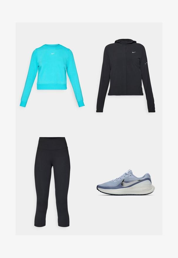 Casaco preto com capuz e mangas longas, feito de material leve. Apresenta um fecho dourado na frente, um logótipo da Nike e detalhes de design subtis.; Sweatshirt curto turquesa com mangas longas, decote redondo e um pequeno logótipo branco da Nike no peito. Tecido suave e texturizado.; Leggings pretos cropped feitos de tecido elástico, apresentando uma cintura alta e uma textura suave, sem padrões ou acessórios visíveis.; Sapatilha de corrida Nike azul claro e branca com o swoosh prateado, parte superior de malha respirável, sola acolchoada e sola preta.