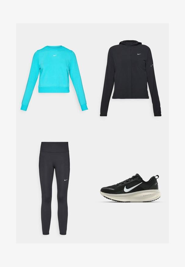 Giacca nera con cappuccio e maniche lunghe, realizzata in materiale leggero. Presenta una zip frontale, il logo Nike e accenti di design sottili.; Felpa corta turchese con maniche lunghe, colletto rotondo e un piccolo logo Nike bianco sul petto. Tessuto morbido e testurizzato.; Leggings neri realizzati in tessuto elasticizzato, con una vita alta e un logo Nike bianco sulla coscia sinistra. Tessuto liscio, design aderente.; Scarpa da corsa nera Nike con tomaia in rete traspirante, logo Swoosh bianco, dettagli testurizzati e intersuola ZoomX di colore crema.