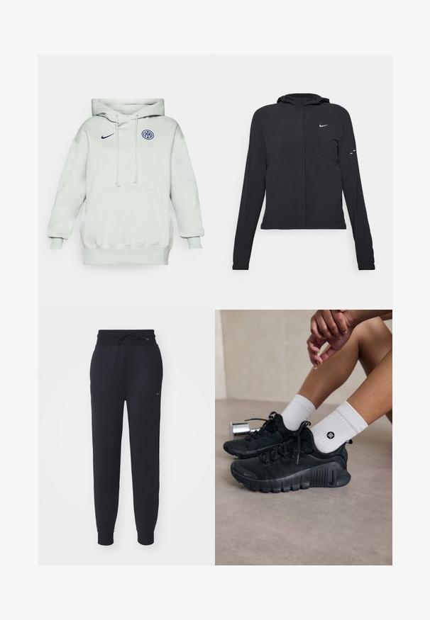 Black hooded jacket with long sleeves, made from lightweight material. Features a front zipper, a Nike logo, and subtle design accents.; Light green hoodie with a large front pocket, drawstring, and ribbed cuffs. Features a blue Nike logo and a circular blue emblem on the chest.; Black jogger pants made of soft fabric, featuring an elastic waistband with drawstring, side pockets, and a subtle logo on the left thigh.; Black athletic shoes with textured fabric, laced design, and a prominent sole, paired with white ribbed socks featuring a small logo.