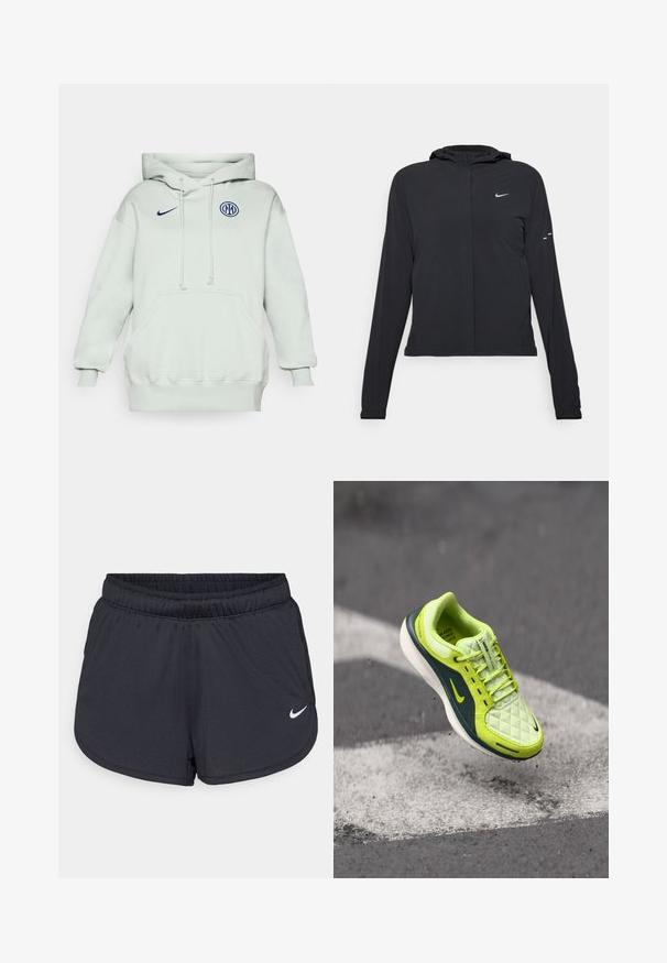 Veste à capuche noire avec des manches longues, fabriquée en matériau léger. Elle comporte une fermeture éclair à l'avant, un logo Nike et des accents de design subtils.; Haut à capuche vert clair avec une grande poche avant, un cordon de serrage et des poignets côtelés. Présente un logo Nike bleu et un emblème circulaire bleu sur la poitrine.; Shorts de sport noirs en tissu léger et respirant. Dotés d'une taille élastique et d'un logo Nike blanc sur le bas à droite.; Baskets vert lime avec un dessus matelassé, accents vert foncé, semelle blanche et logo Nike noir visible ; elles présentent un design à lacets et une surface texturée.