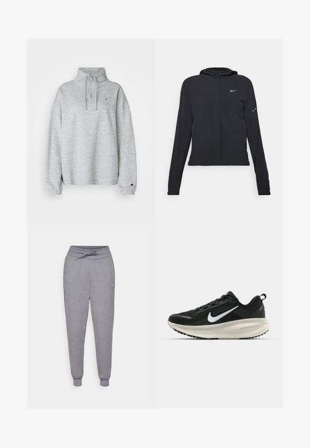 Čierna kapucňová bunda s dlhou rukávou, vyrobená z ľahkého materiálu. Má predný zips, logo Nike a jemné dizajnové akcenty.; Champion ICONS HALF ZIP SMALL C LOGO - Mikina - grey; Sivé tapered tepláky s nastaviteľným pásom, elastickými manžetami a decentným logom Nike na ľavom stehne. Mäkčená, textúrovaná tkanina.; Čierne bežecké topánky Nike s priedušnou sieťovinou, bielym logom s symbolom swoosh, textúrovanými detailmi a krémovou ZoomX medzipodrážkou.