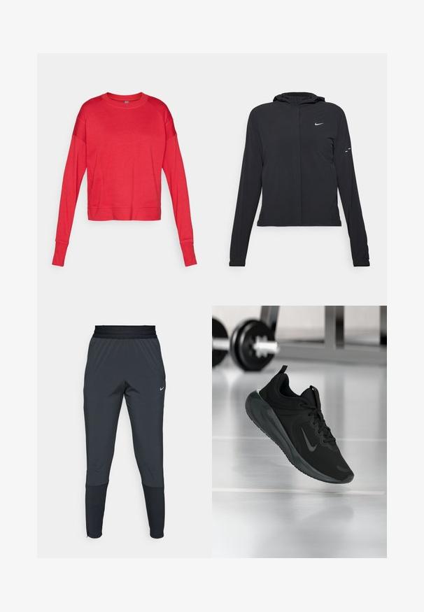 Czarna kurtka z kapturem, z długimi rękawami, wykonana z lekkiego materiału. Posiada zamek błyskawiczny z przodu, logo Nike oraz subtelne akcenty wzornicze.; Czerwony sweter z długim rękawem i okrągłym dekoltem, wykonany z miękkiej tkaniny, z raglanowymi rękawami, płaskimi szwami i luźnym krojem. Brak widocznej marki.; Spodnie sportowe Nike w ciemnoszarym kolorze, z tapered leg design, elastycznym paskiem w talii oraz akcentami przy nogawkach.; Czarny sportowy sneaker z logo Nike, pokazany w powietrzu na podłodze siłowni, z rozmytym regałem z hantlami w tle.