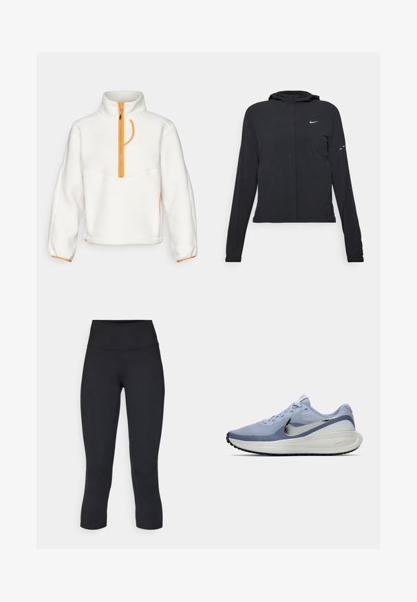 Black hooded jacket with long sleeves, made from lightweight material. Features a front zipper, a Nike logo, and subtle design accents.; HOKA RIDGETOP - Fleece jumper - eggnog; Black cropped leggings made of stretchy fabric, featuring a high waistband and smooth texture, with no visible patterns or hardware.; Light blue and white Nike running shoe with silver swoosh, breathable mesh upper, cushioned sole, and black outsole tread.
