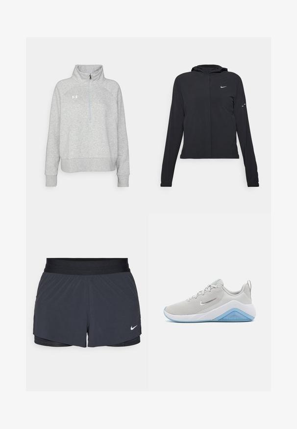 Jachetă neagră cu glugă, cu mâneci lungi, fabricată din material ușor. Dispune de un fermoar frontal, un logo Nike și accente de design subtile.; Pulover gri din fleece cu guler înalt, fermoar până la un sfert în față, mâneci raglan și mansete ribbate. Are un logo pe pieptul stâng.; Shorts atletici negri, cu un elastic la talie, având un design stratificat și un mic logo alb Nike în partea stângă jos. Material ușor.; Pantofă sport de culoare gri deschis, cu plasă pe partea superioară, talpă albă și accente albastre. Dispune de curbe line și o suprafață texturată pentru aderență.