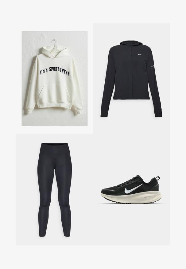Fekete kapucnis dzseki hosszú ujjakkal, könnyű anyagból készült. Elülső cipzárral, Nike logóval és diszkrét dizájn elemekkel rendelkezik.; Krém színű kapucnis pulóver elülső zsebével és navy színű, íves stílusú "AIM'N SPORTSWEAR" felirattal. Puha anyag, lazább szabás.; Fekete leggings sima, rugalmas anyagból. Magas derék, látható minták vagy díszítések nélkül. Szorosan illeszkedik a derektól a bokáig.; Fekete Nike futócipő légáteresztő hálós felsőrésszel, fehér Swoosh logóval, textúrázott részletekkel és krém színű ZoomX középtalppal.