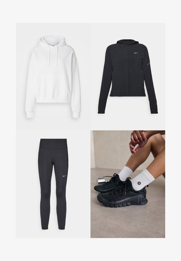 Mustassa hupparissa on pitkät hihat, ja se on valmistettu kevyestä materiaalista. Siinä on edessä vetoketju, Nike-logo ja hillityt muotoiluyksityiskohdat.; Valkoinen huppari, jossa on etutasku, ribatut hihansuut ja helma. Pehmeä kangas ja rento malli, jossa on nyörit hupussa.; Mustat leggingsit joustavasta kankaasta, joissa on korkea vyötärö ja valkoinen Nike-logo vasemmassa reidessä. Sileä pinta, muotoaan myötäilevä suunnittelu.; Mustat urheilukengät, joissa on teksturoitu kangas, nauhakiinnitys ja näyttävä pohja, yhdistettyinä valkoisiin ribbikuvioisiin sokkeihin, joissa on pieni logo.