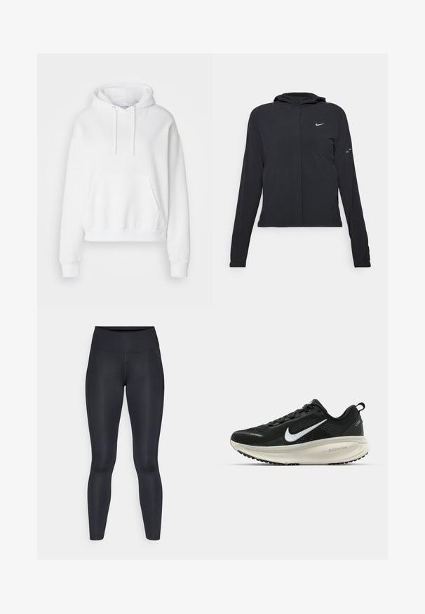 Giacca nera con cappuccio e maniche lunghe, realizzata in materiale leggero. Presenta una zip frontale, il logo Nike e accenti di design sottili.; Felpa bianca con cappuccio, dotata di tasca frontale, polsini e orlo a coste. Tessuto morbido e vestibilità rilassata, con cordini sul cappuccio.; Leggings neri realizzati in un tessuto liscio e elasticizzato. Vita alta senza motivi o dettagli visibili. Vestono aderenti dalla vita alle caviglie.; Scarpa da corsa nera Nike con tomaia in rete traspirante, logo Swoosh bianco, dettagli testurizzati e intersuola ZoomX di colore crema.