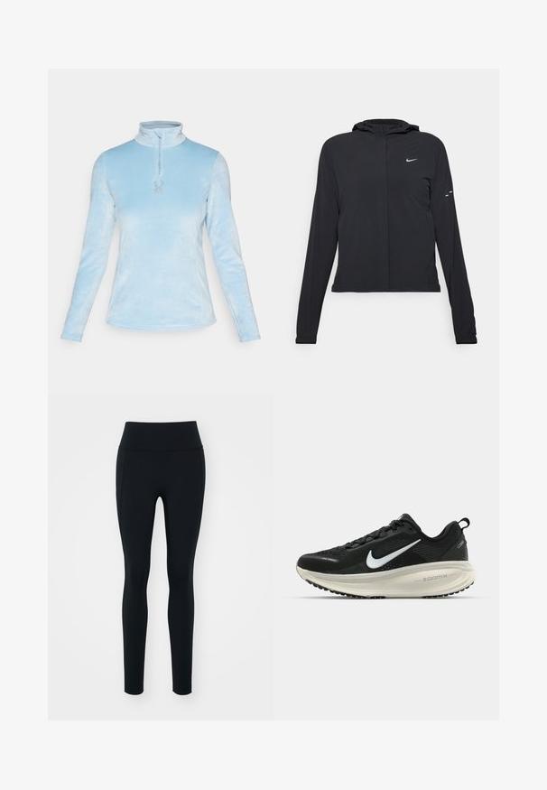 Czarna kurtka z kapturem, z długimi rękawami, wykonana z lekkiego materiału. Posiada zamek błyskawiczny z przodu, logo Nike oraz subtelne akcenty wzornicze.; Spyder SHIMMER BUG jasnoniebieski; Czarne legginsy wykonane z elastycznego materiału z wysokim stanem. Gładka tekstura, dopasowany krój i brak widocznych zdobień lub wzorów.; Czarna biegowa półbut z oddychającej siateczki, białym logo swoosh, teksturowanymi detalami oraz kremową podeszwą środkową ZoomX.