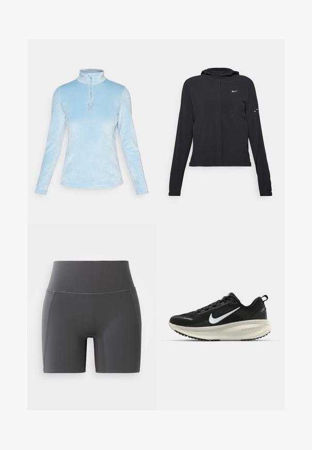 Sort hættetrøje med lange ærmer, lavet af letvægtsmateriale. Har en frontlynlås, et Nike-logo og subtile designaccenter.; Spyder SHIMMER BUG 1/2 ZIP - Fleecetrøjer - blue drift; Grå sportshorts med høj talje, lavet af glat, strækbart stof. Har flade sømme og en tætsiddende pasform.; Sort Nike løbesko med åndbart mesh-overdel, hvidt swoosh-logo, tekstureret detaljering og en cremede ZoomX mellemsål.