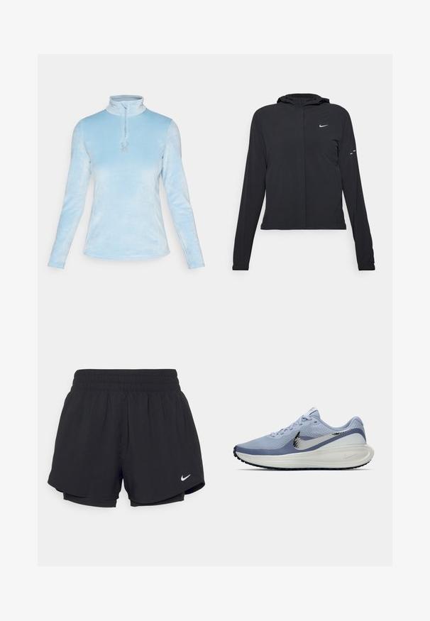 Casaco preto com capuz e mangas longas, feito de material leve. Apresenta um fecho dourado na frente, um logótipo da Nike e detalhes de design subtis.; Spyder SHIMMER BUG 1/2 ZIP - Camisola de lã polar - blue drift; Calções atléticos pretos com um cós elástico franzido, forro interior e o logótipo da Nike em branco no lado inferior esquerdo. Tecido suave e leve.; Sapatilha de corrida Nike azul claro e branca com o swoosh prateado, parte superior de malha respirável, sola acolchoada e sola preta.