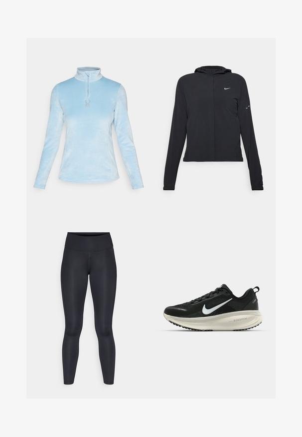 Fekete kapucnis dzseki hosszú ujjakkal, könnyű anyagból készült. Elülső cipzárral, Nike logóval és diszkrét dizájn elemekkel rendelkezik.; Spyder SHIMMER BUG 1/2 ZIP - Polárpulóver - blue drift; Fekete leggings sima, rugalmas anyagból. Magas derék, látható minták vagy díszítések nélkül. Szorosan illeszkedik a derektól a bokáig.; Fekete Nike futócipő légáteresztő hálós felsőrésszel, fehér Swoosh logóval, textúrázott részletekkel és krém színű ZoomX középtalppal.