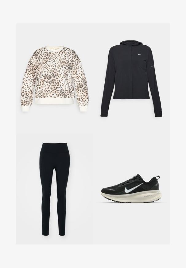 Black hooded jacket with long sleeves, made from lightweight material. Features a front zipper, a Nike logo, and subtle design accents.; Leopard print sweatshirt with a cream base, round neckline, and ribbed cuffs. Soft fabric with a relaxed fit and distinct animal pattern.; Black leggings made of stretchy material with a high waistband. Smooth texture, fitted design, and no visible embellishments or patterns.; Black Nike running shoe with breathable mesh upper, white swoosh logo, textured detailing, and a cream-colored ZoomX midsole.