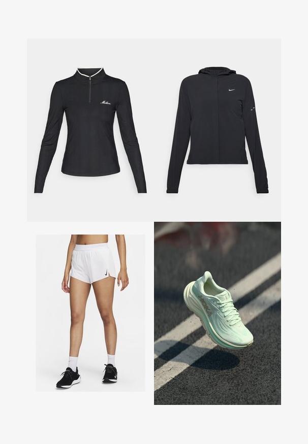 Schwarze Kapuzenjacke mit langen Ärmeln, aus leichtem Material gefertigt. Sie hat einen vorderen Reißverschluss, ein Nike-Logo und dezente Designelemente.; Schwarzes Langarm-Zip-Up-Oberteil mit gerippter Textur, kontrastierendem weißen Kragen und kleinem Logo auf der Brust. Enganliegendes Design.; Weiße sportliche Shorts mit einem gerippten Bündchen, seitlichen Schlitzen und einem schwarzen Nike-Logo. Kombiniert mit schwarzen Turnschuhen und weißen Sportsocken.; HOKA Laufschuh in hellem Mintgrün, mit einem strukturierten Mesh-Obermaterial, abgerundetem Zehenbereich, gepolstertem Sohlen und auffälligem Logo an der Seite.