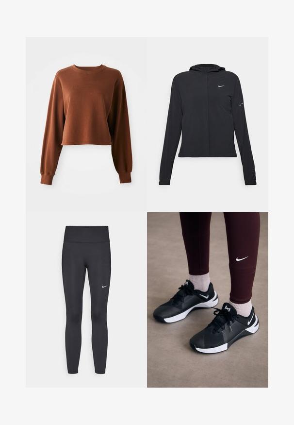 Casaco preto com capuz e mangas longas, feito de material leve. Apresenta um fecho dourado na frente, um logótipo da Nike e detalhes de design subtis.; Sweatshirt crop castanho feito de um tecido misto de algodão suave. Apresenta mangas longas e um decote redondo com acabamento canelado. Textura suave.; Leggings pretos feitos de tecido elástico, com uma cintura alta e um logo branco da Nike na coxa esquerda. Textura suave, design ajustado ao corpo.; Ténis atléticos pretos com um upper texturizado e detalhes brancos, apresentando atacadores e um logo lateral. Usados com leggings cor-de-vinho e meias claras.