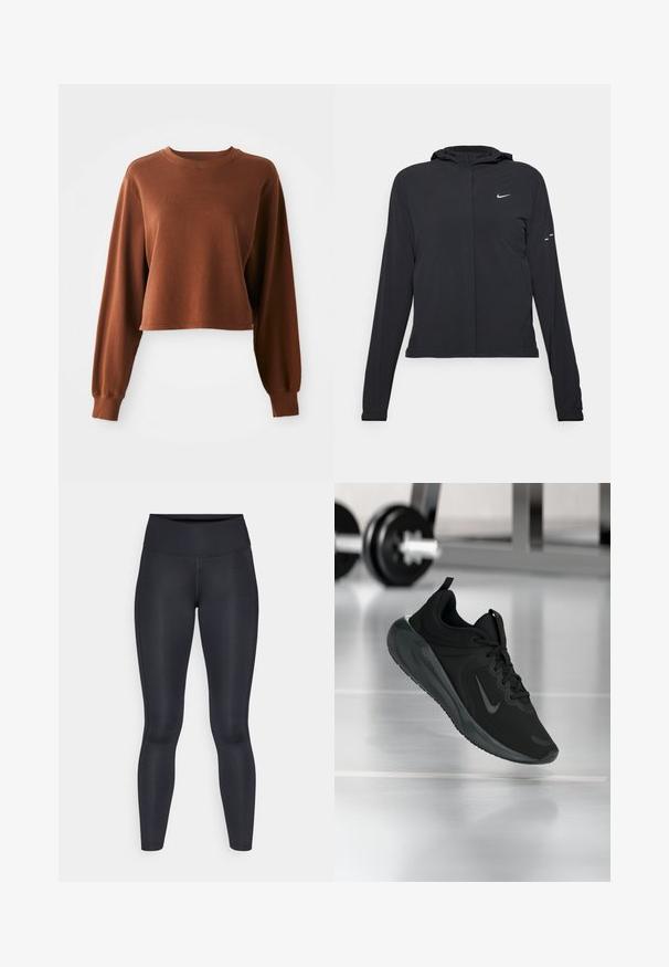 Giacca nera con cappuccio e maniche lunghe, realizzata in materiale leggero. Presenta una zip frontale, il logo Nike e accenti di design sottili.; Felpa corta marrone realizzata in morbido tessuto misto cotone. Presenta maniche lunghe e un collo rotondo con bordi a coste. Texture liscia.; Leggings neri realizzati in un tessuto liscio e elasticizzato. Vita alta senza motivi o dettagli visibili. Vestono aderenti dalla vita alle caviglie.; Sneaker sportivo nero con logo Nike, mostrato in volo su un pavimento da palestra, con un supporto per pesi sfocato sullo sfondo.
