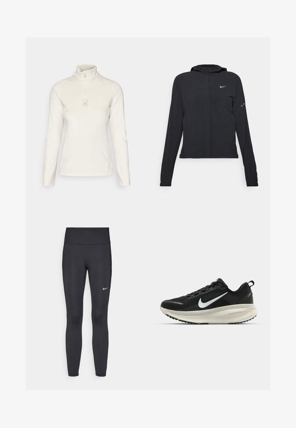 Giacca nera con cappuccio e maniche lunghe, realizzata in materiale leggero. Presenta una zip frontale, il logo Nike e accenti di design sottili.; Spyder SHIMMER BUG 1/2 ZIP - Felpa in pile - vanilla latte; Leggings neri realizzati in tessuto elasticizzato, con una vita alta e un logo Nike bianco sulla coscia sinistra. Tessuto liscio, design aderente.; Scarpa da corsa nera Nike con tomaia in rete traspirante, logo Swoosh bianco, dettagli testurizzati e intersuola ZoomX di colore crema.