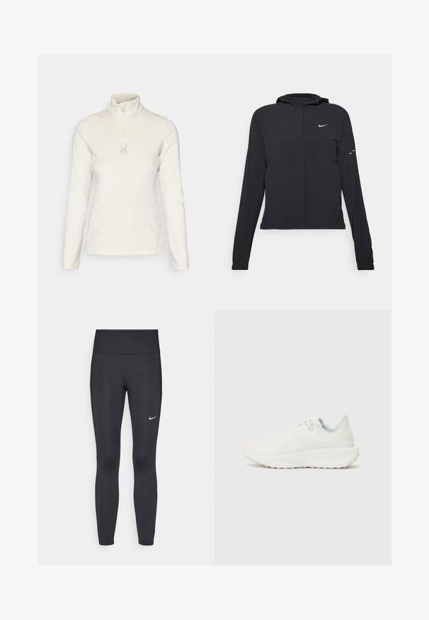 Zwarte kaptrui met lange mouwen, gemaakt van lichtgewicht materiaal. Voorzien van een ritssluiting aan de voorkant, een Nike-logo en subtiele ontwerpelementen.; Spyder SHIMMER BUG 1/2 ZIP - Fleece trui - vanilla latte; Zwarte legging van rekbare stof met een hoge tailleband en een wit Nike-logo op de linkerdij. Gladde textuur, aansluitend ontwerp.; Witte sportschoenen met een gestructureerde bovenkant, gevoerde kraag en vetersluiting. Voorzien van een gebogen buitenzool en subtiele branding aan de zijkant.