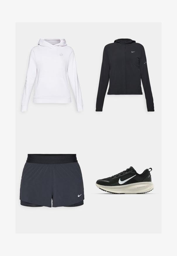 Svart hettegenser med lange ermer, laget av lett materiale. Har glidelås foran, Nike-logo og subtile design detaljer.; Hvit hettegenser laget av myk stoff, med kengurulomme, ribbede mansjetter og nederkant, med en liten grå logo på brystet.; Sorte treningshorts med elastisk midjebånd, med lagdelt design og liten hvit Nike-logo på nederste venstre side. Lett materiale.; Svart Nike løpesko med pustende mesh-overdel, hvit swoosh-logo, teksturert detaljer og en kremfarget ZoomX mellomsåle.
