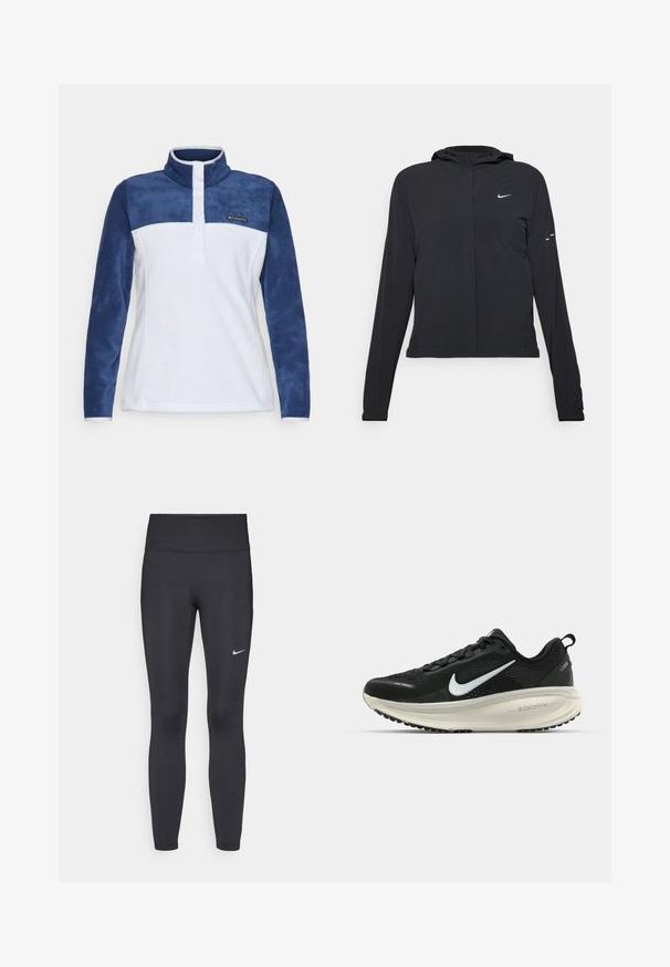 Giacca nera con cappuccio e maniche lunghe, realizzata in materiale leggero. Presenta una zip frontale, il logo Nike e accenti di design sottili.; Pullover in pile, corpo bianco con maniche blu navy, colletto alto, patta con tre bottoni, logo Columbia sul petto, texture morbida.; Leggings neri realizzati in tessuto elasticizzato, con una vita alta e un logo Nike bianco sulla coscia sinistra. Tessuto liscio, design aderente.; Scarpa da corsa nera Nike con tomaia in rete traspirante, logo Swoosh bianco, dettagli testurizzati e intersuola ZoomX di colore crema.