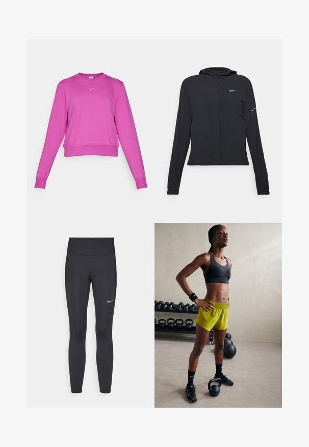 Giacca nera con cappuccio e maniche lunghe, realizzata in materiale leggero. Presenta una zip frontale, il logo Nike e accenti di design sottili.; Felpa rosa cropped con maniche lunghe, scollatura rotonda, orlo uniforme e un piccolo logo grigio sul davanti. Tessuto morbido e a maglia.; Leggings neri realizzati in tessuto elasticizzato, con una vita alta e un logo Nike bianco sulla coscia sinistra. Tessuto liscio, design aderente.; Reggiseno sportivo nero, pantaloni corti giallo brillante con vita elastica, scarpe da ginnastica nere e polsini, in piedi accanto a kettlebell.
