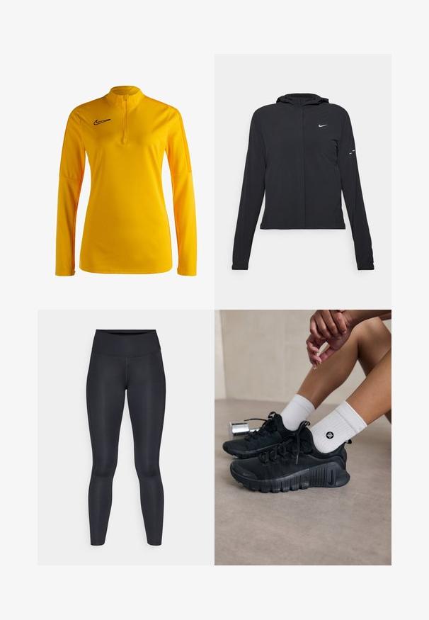 Zwarte kaptrui met lange mouwen, gemaakt van lichtgewicht materiaal. Voorzien van een ritssluiting aan de voorkant, een Nike-logo en subtiele ontwerpelementen.; Nike lange mouw pullover in felgeel, met een half-rits kraag, zwart logo en oranje accenten langs de zijkanten. Zachte stoftextuur.; Zwarte leggings van glad, rekbaar stof. Hoge taille zonder zichtbare patronen of accenten. Sluiten nauw aan van taille tot enkels.; Zwarte sport schoenen van een gestructureerde stof, met vetersluiting en een opvallende zool, gecombineerd met witte geribbelde sokken met een klein logo.