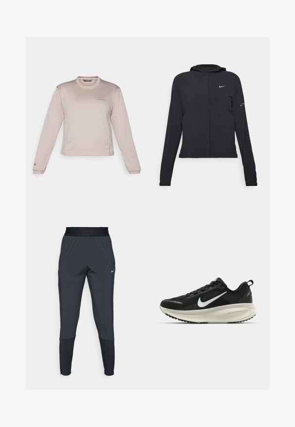 Čierna kapucňová bunda s dlhou rukávou, vyrobená z ľahkého materiálu. Má predný zips, logo Nike a jemné dizajnové akcenty.; Dlhý rukáv, svetlo béžová športová košela vyrobená z textúrovaného, priedušného materiálu s okrúhlym výstrihom a decentným logom na hrudi.; Športové nohavice Nike v tmavo sivej farbe, s členeným strihom na nohaviciach, elastickým pásom a akcentovanými detailmi pri manžetách.; Čierne bežecké topánky Nike s priedušnou sieťovinou, bielym logom s symbolom swoosh, textúrovanými detailmi a krémovou ZoomX medzipodrážkou.