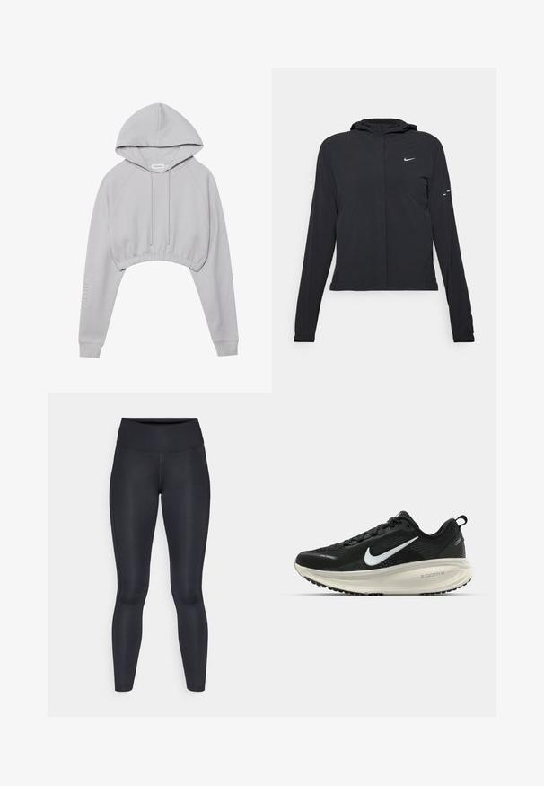 Giacca nera con cappuccio e maniche lunghe, realizzata in materiale leggero. Presenta una zip frontale, il logo Nike e accenti di design sottili.; Hoodie grigio corto con cappuccio regolabile, maniche raglan e orlo elastico. Presenta il testo "ACTIVE" sulla manica sinistra. Texture del tessuto morbida.; Leggings neri realizzati in un tessuto liscio e elasticizzato. Vita alta senza motivi o dettagli visibili. Vestono aderenti dalla vita alle caviglie.; Scarpa da corsa nera Nike con tomaia in rete traspirante, logo Swoosh bianco, dettagli testurizzati e intersuola ZoomX di colore crema.