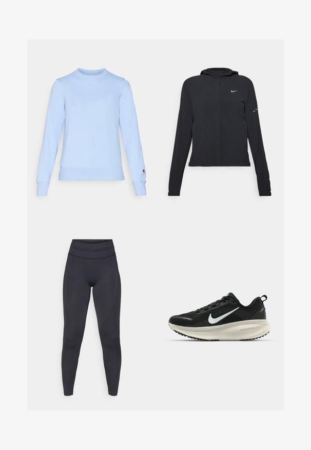 Svart hettegenser med lange ermer, laget av lett materiale. Har glidelås foran, Nike-logo og subtile design detaljer.; Lys blå sweatshirt laget av myk stoff, med lange ermer og rund hals. Inkluderer en liten logo på brystet og ermekanten.; Sorte tights med høy elastisk liv med teksten "UNDER ARMOUR". Glatt tekstur med subtile mønsteraccents langs beina.; Svart Nike løpesko med pustende mesh-overdel, hvit swoosh-logo, teksturert detaljer og en kremfarget ZoomX mellomsåle.