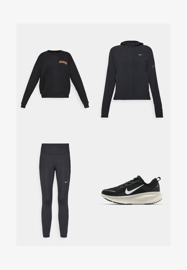 Svart hettegenser med lange ermer, laget av lett materiale. Har glidelås foran, Nike-logo og subtile design detaljer.; Svart langermet sweatshirt med oransje "Peaceful Warrior"-tekst på venstre bryst, rund hals, og ribbede mansjetter og linning.; Sorte leggings laget av elastisk stoff, med høy livlinje og en hvit Nike-logo på venstre lår. Glatt tekstur, kroppsnær passform.; Svart Nike løpesko med pustende mesh-overdel, hvit swoosh-logo, teksturert detaljer og en kremfarget ZoomX mellomsåle.