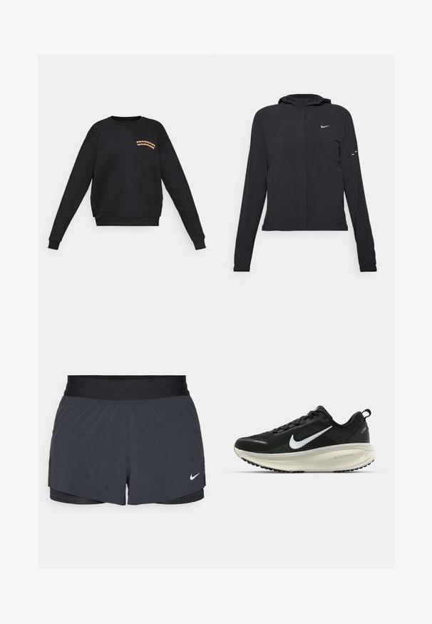 Fekete kapucnis dzseki hosszú ujjakkal, könnyű anyagból készült. Elülső cipzárral, Nike logóval és diszkrét dizájn elemekkel rendelkezik.; Fekete, hosszú ujjú pulóver narancssárga "Békés Harcos" felirattal a bal mellen, kerek nyakkivágással, bordás mandzsettákkal és aljjal.; Fekete sportnadrág elasztikus derékkal, réteges kialakítással és kis fehér Nike logóval a bal alsó részen. Könnyű anyag.; Fekete Nike futócipő légáteresztő hálós felsőrésszel, fehér Swoosh logóval, textúrázott részletekkel és krém színű ZoomX középtalppal.