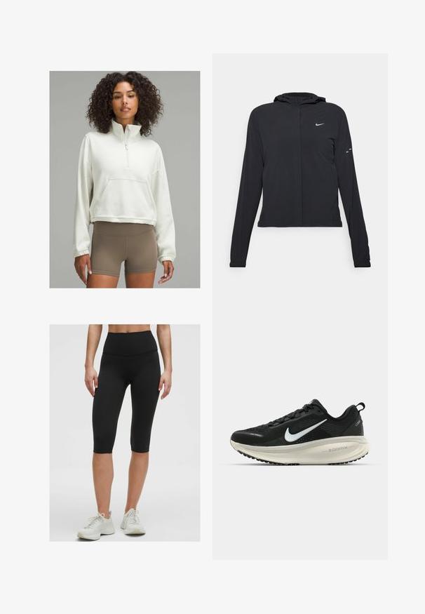 Czarna kurtka z kapturem, z długimi rękawami, wykonana z lekkiego materiału. Posiada zamek błyskawiczny z przodu, logo Nike oraz subtelne akcenty wzornicze.; Jasno beżowy krótkowłosy sweatshirt z kołnierzem na zamek błyskawiczny, przednią kieszenią i elastycznymi mankietami, w połączeniu z brązowymi szortami o wysokim stanie.; Czarne rowerowe szorty o wysokim stanie wykonane z rozciągliwego, gładkiego materiału, kończące się tuż poniżej kolana, w połączeniu z jasnymi butami sportowymi.; Czarna biegowa półbut z oddychającej siateczki, białym logo swoosh, teksturowanymi detalami oraz kremową podeszwą środkową ZoomX.