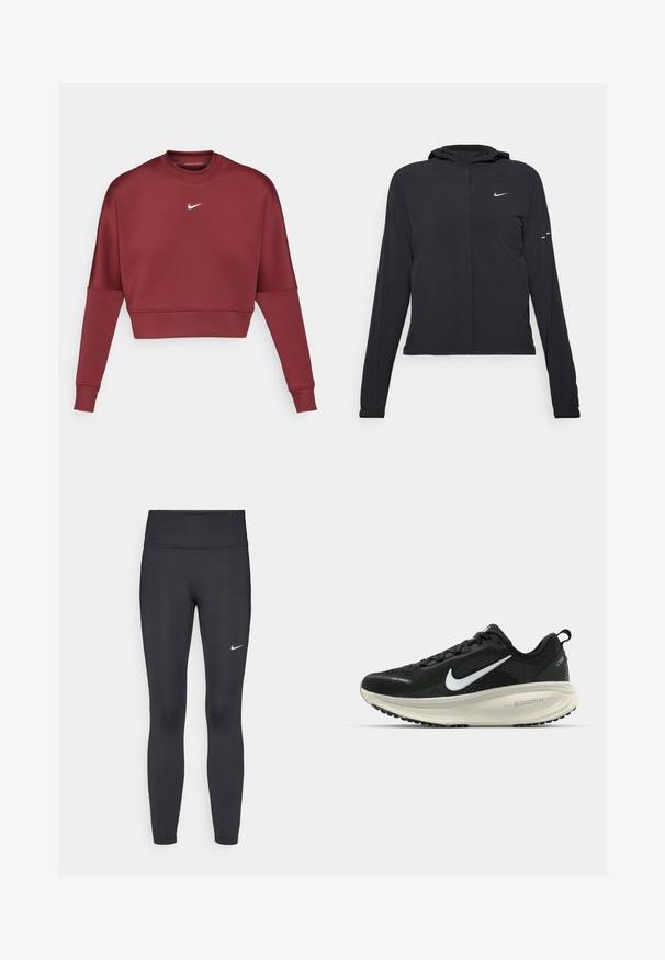 Giacca nera con cappuccio e maniche lunghe, realizzata in materiale leggero. Presenta una zip frontale, il logo Nike e accenti di design sottili.; Felpa corta color bordeaux realizzata in tessuto morbido, con maniche lunghe, scollo rotondo e un piccolo logo Nike bianco sul petto.; Leggings neri realizzati in tessuto elasticizzato, con una vita alta e un logo Nike bianco sulla coscia sinistra. Tessuto liscio, design aderente.; Scarpa da corsa nera Nike con tomaia in rete traspirante, logo Swoosh bianco, dettagli testurizzati e intersuola ZoomX di colore crema.
