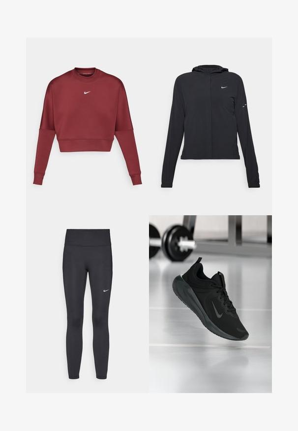 Zwarte kaptrui met lange mouwen, gemaakt van lichtgewicht materiaal. Voorzien van een ritssluiting aan de voorkant, een Nike-logo en subtiele ontwerpelementen.; Bordeaux cropped sweatshirt van zachte stof, met lange mouwen, een ronde hals en een klein wit Nike-logo op de borst.; Zwarte legging van rekbare stof met een hoge tailleband en een wit Nike-logo op de linkerdij. Gladde textuur, aansluitend ontwerp.; Zwarte sportsneaker met Nike-logo, weergegeven in de lucht boven de gymvloer, met een vervaagde halterrek op de achtergrond.