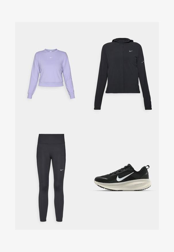 Casaco preto com capuz e mangas longas, feito de material leve. Apresenta um fecho dourado na frente, um logótipo da Nike e detalhes de design subtis.; Sweatshirt roxo cropped feito de um tecido macio com um decote redondo, punhos em canelado e um pequeno logotipo branco da Nike no peito.; Leggings pretos feitos de tecido elástico, com uma cintura alta e um logo branco da Nike na coxa esquerda. Textura suave, design ajustado ao corpo.; Sapatilha de corrida Nike preta com parte superior de malha respirável, logotipo Swoosh branco, detalhes texturizados e uma entressola ZoomX na cor creme.