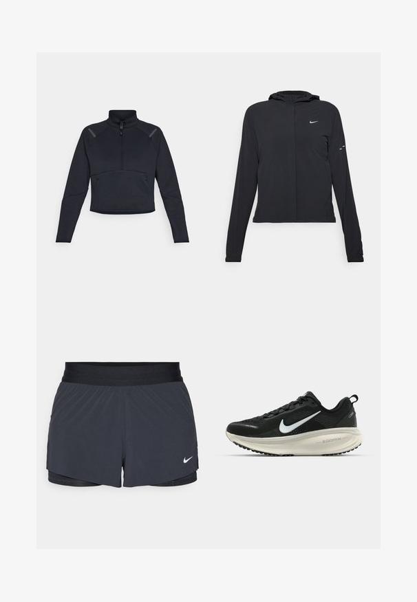 Must musta kapuutsiga jakk, millel on pikad varrukad ja mis on valmistatud kergetest materjalidest. Omab esitaskut, Nike logo ja kergelt silmatorkavaid disainiaktsente.; Tume meresinine sportlik pullover kõrge kaelusega, lukuga ja pikkade varrukatega. Omab kontrastse paneeli aktsente õlgadel ning on lühendatud disainiga.; Mustad must sportlikud lühikesed püksid, millel on elastne vöökoht, kihiline disain ja väike valge Nike logo vasakul all. Kerge materjal.; Musthave mustus Nike jooksujalats, millel on hingav võrgust ülemine osa, valge swoosh logo, tekstuuriga detailid ja kreemja värvusega ZoomX vahevöö.