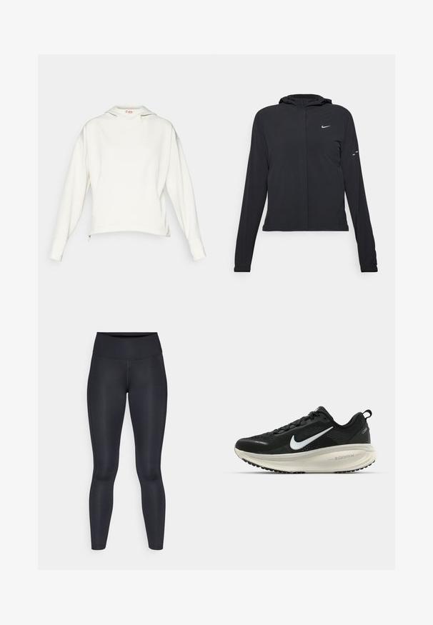 Casaco preto com capuz e mangas longas, feito de material leve. Apresenta um fecho dourado na frente, um logótipo da Nike e detalhes de design subtis.; Sweatshirt branco com capuz, mangas longas, ajuste relaxado, zíperes laterais e um pequeno logo no peito. Material macio, design minimalista.; Leggings pretas feitos de um tecido liso e elástico. Cintura alta sem padrões ou detalhes visíveis. Ajustam-se de forma justa da cintura até os tornozelos.; Sapatilha de corrida Nike preta com parte superior de malha respirável, logotipo Swoosh branco, detalhes texturizados e uma entressola ZoomX na cor creme.